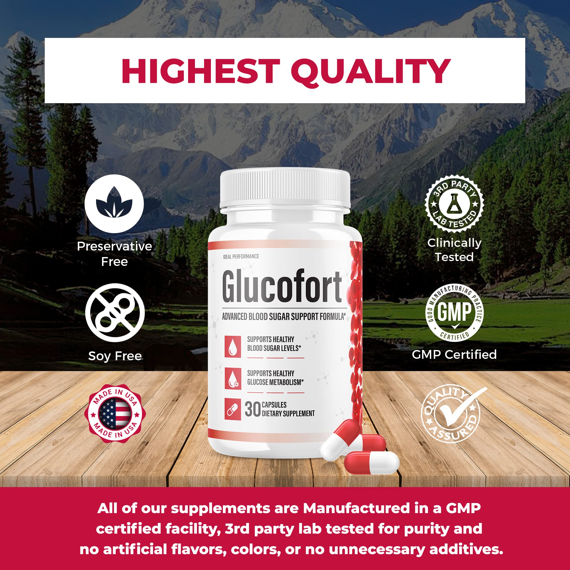 IDEAL PERFORMANCE Glucofort bottle pictured with healthy meals scene and low-carb compatibility
