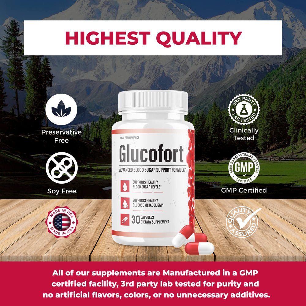 IDEAL PERFORMANCE Glucofort bottle pictured with healthy meals scene and low-carb compatibility