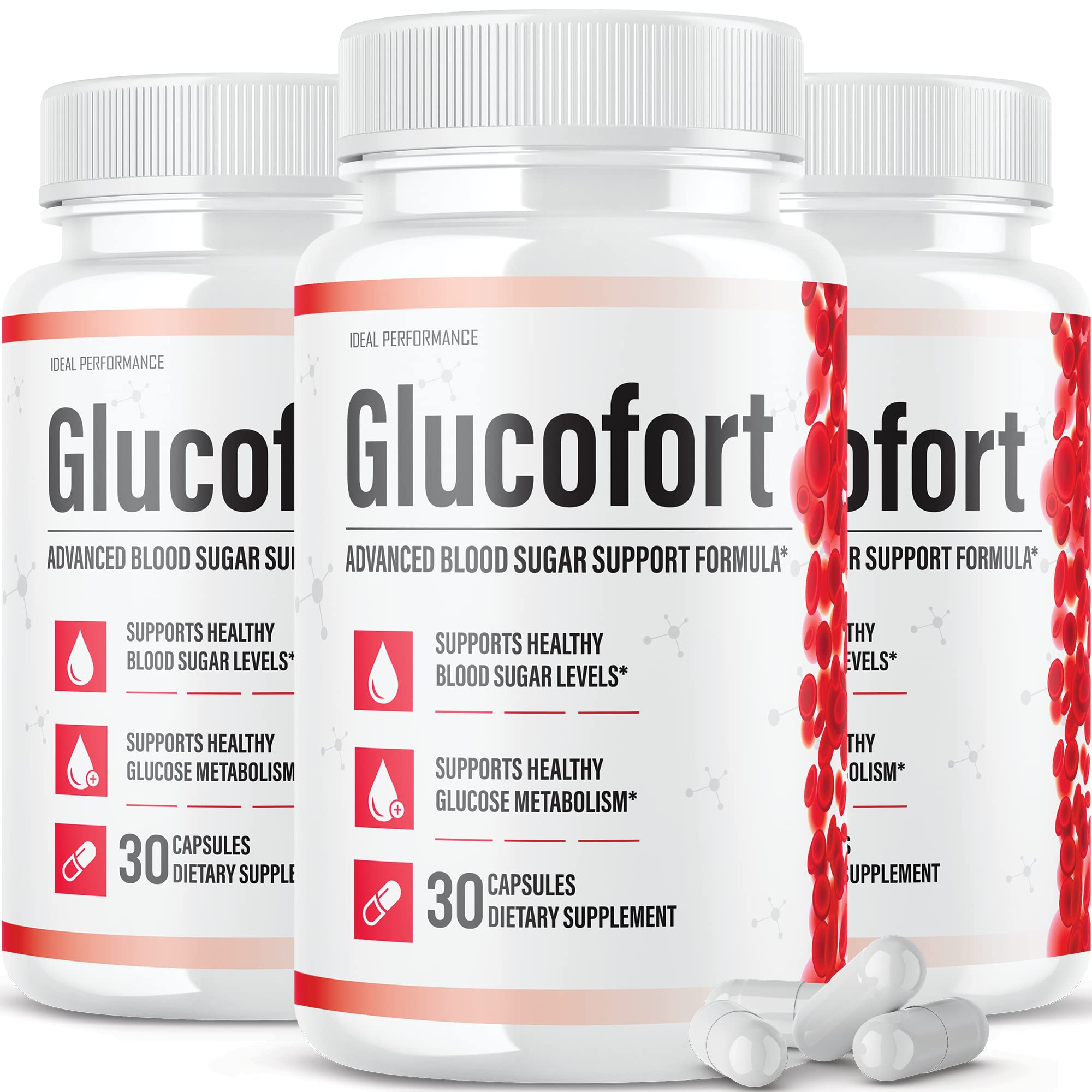IDEAL PERFORMANCE Glucofort supplement bottle on countertop supports daily wellness