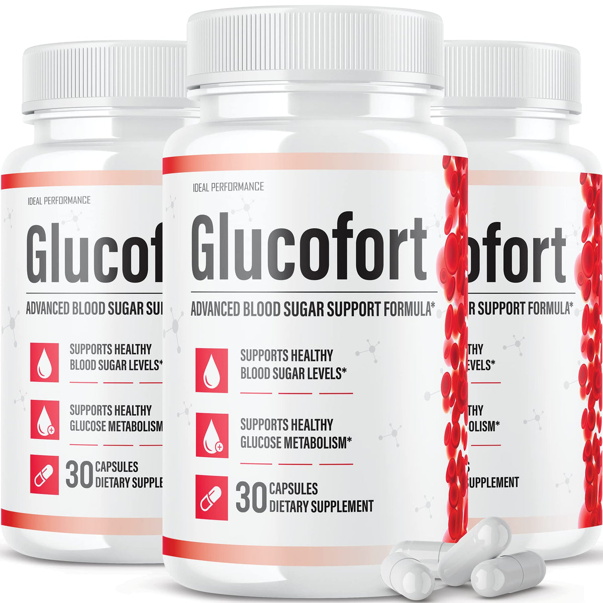 IDEAL PERFORMANCE Glucofort supplement bottle on countertop supports daily wellness