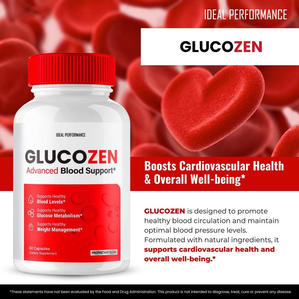 Glucozen health & wellness capsules beside a glass of water for hydration.
