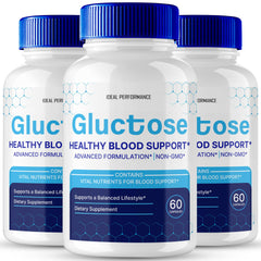 IDEAL PERFORMANCE Gluctose pills bottle close-up showing natural formula for daily wellness.