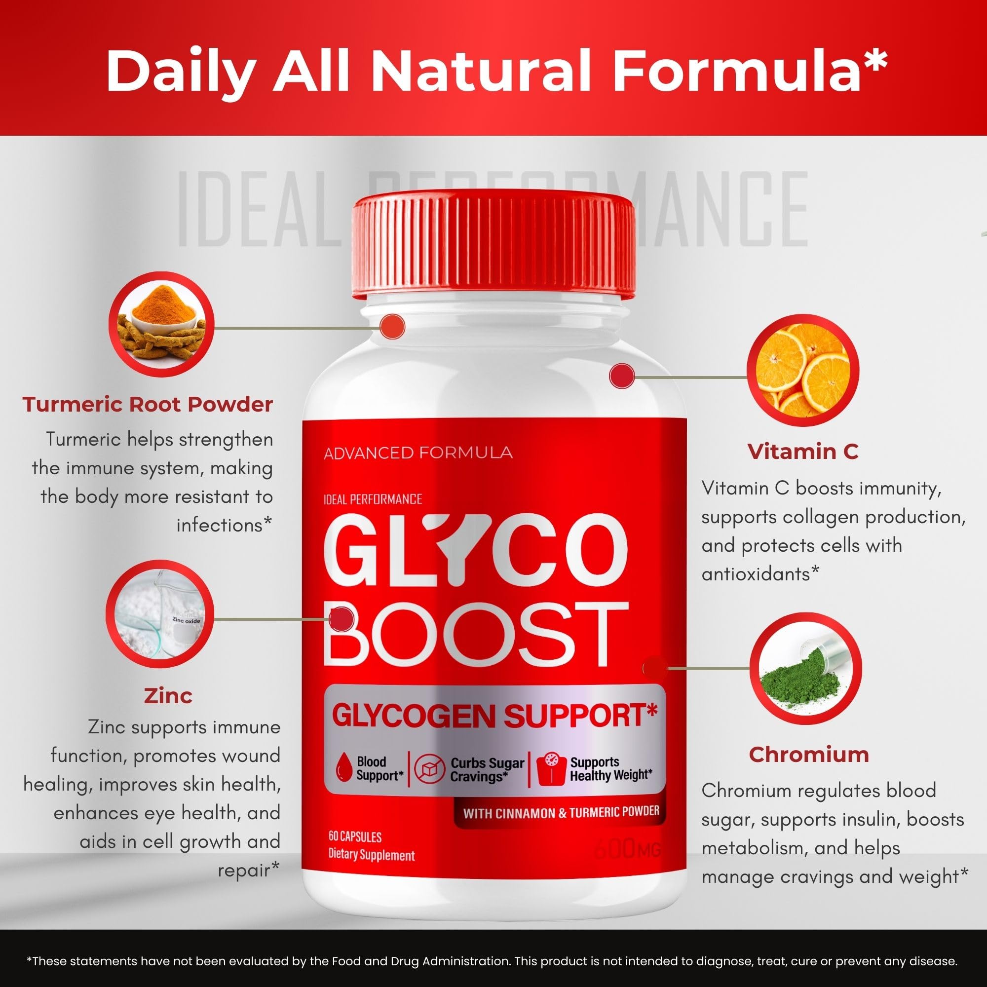 Glyco Boost Blood bottle next to healthy foods suggests balance