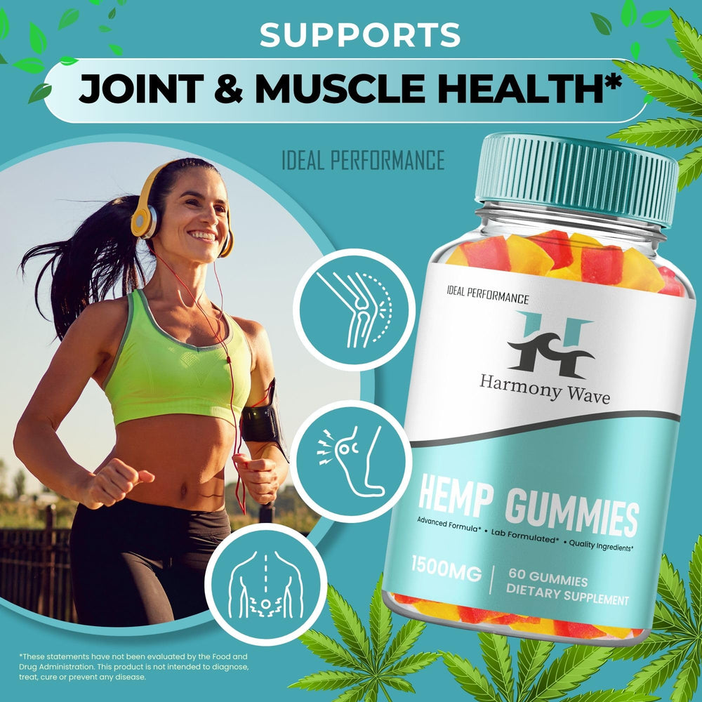 IDEAL PERFORMANCE Harmony Wave Gummies label view highlights hemp extract and natural ingredients.