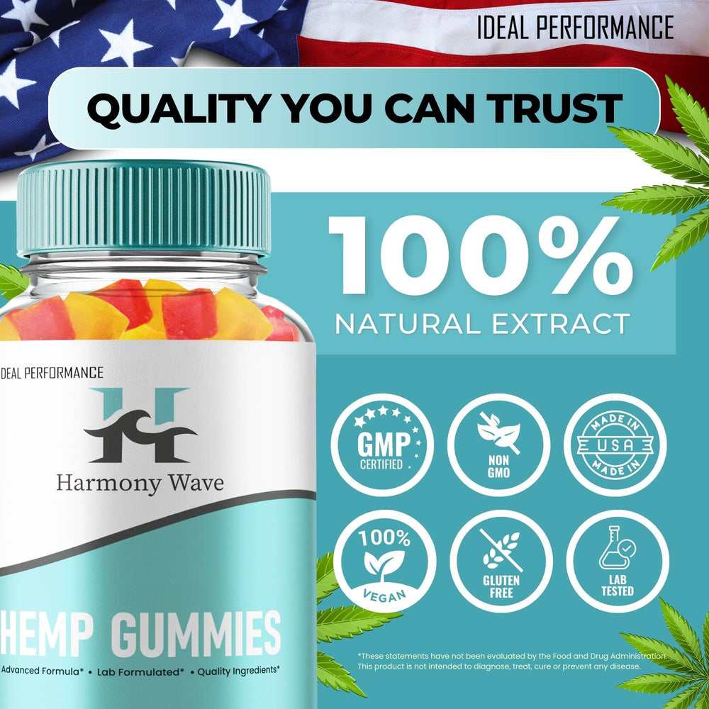IDEAL PERFORMANCE Harmony Wave Gummies packaging back lists usage tips and safety notes.