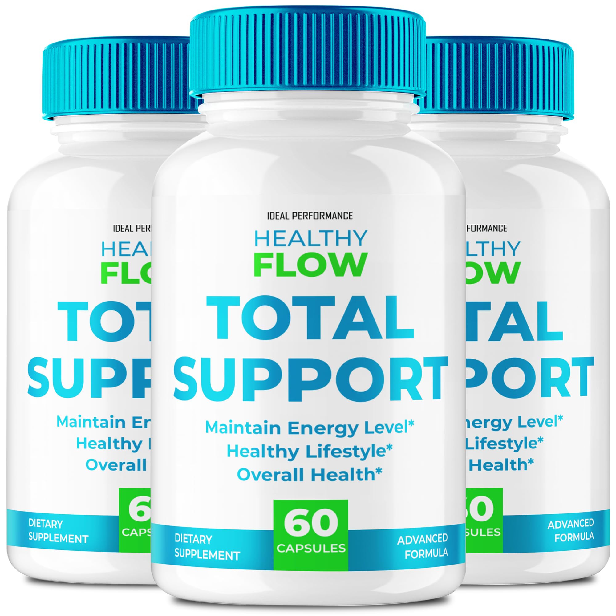 IDEAL PERFORMANCE Healthy Flow Total Support capsules bottle front, official formula for daily wellness.