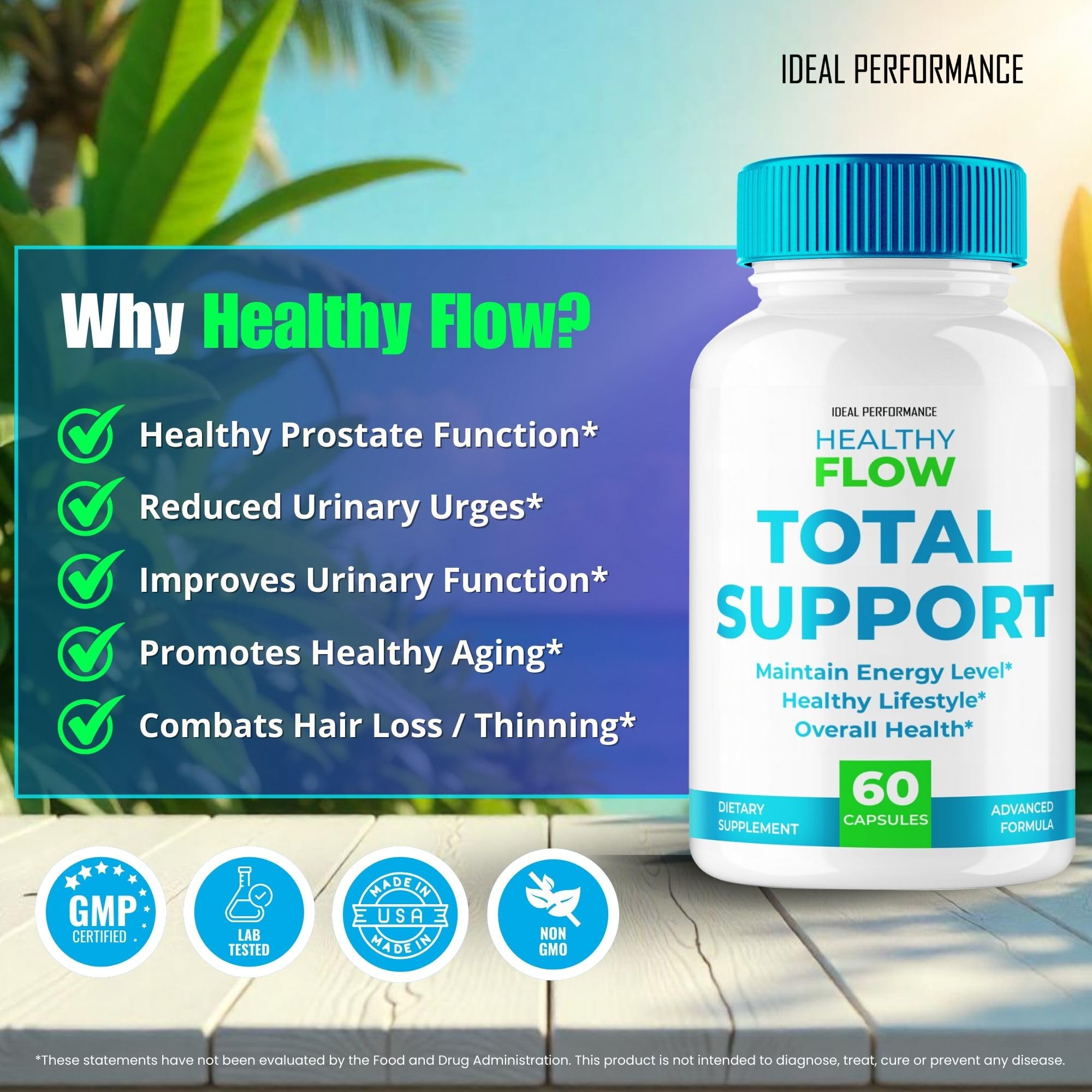 IDEAL PERFORMANCE Healthy Flow Total Support capsules in hand for scale.