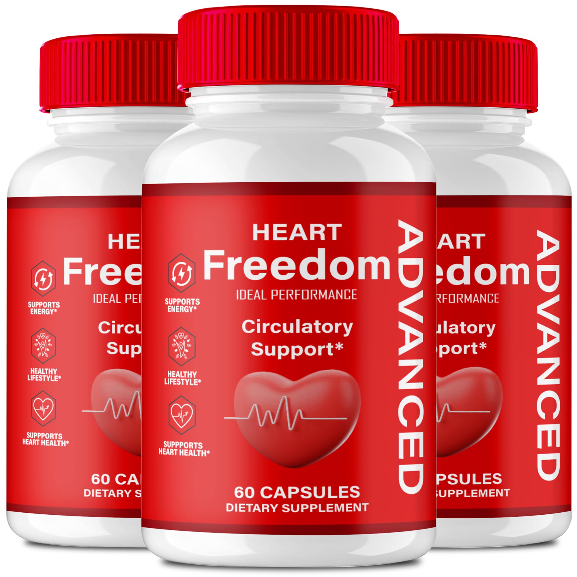 IDEAL PERFORMANCE Heart Freedom bottle on counter highlighting daily energy and circulation support.