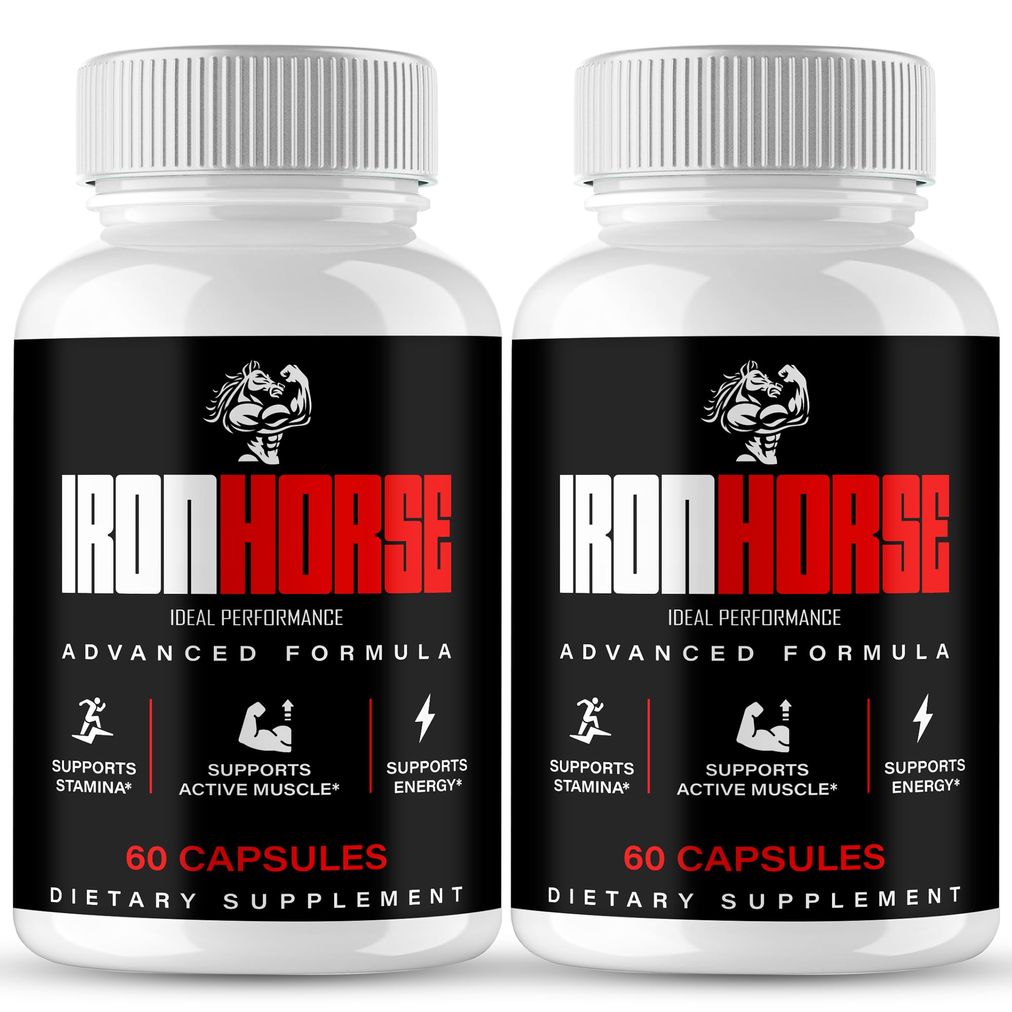 IDEAL PERFORMANCE Iron Horse bottle shows full supplement package for on-the-go energy