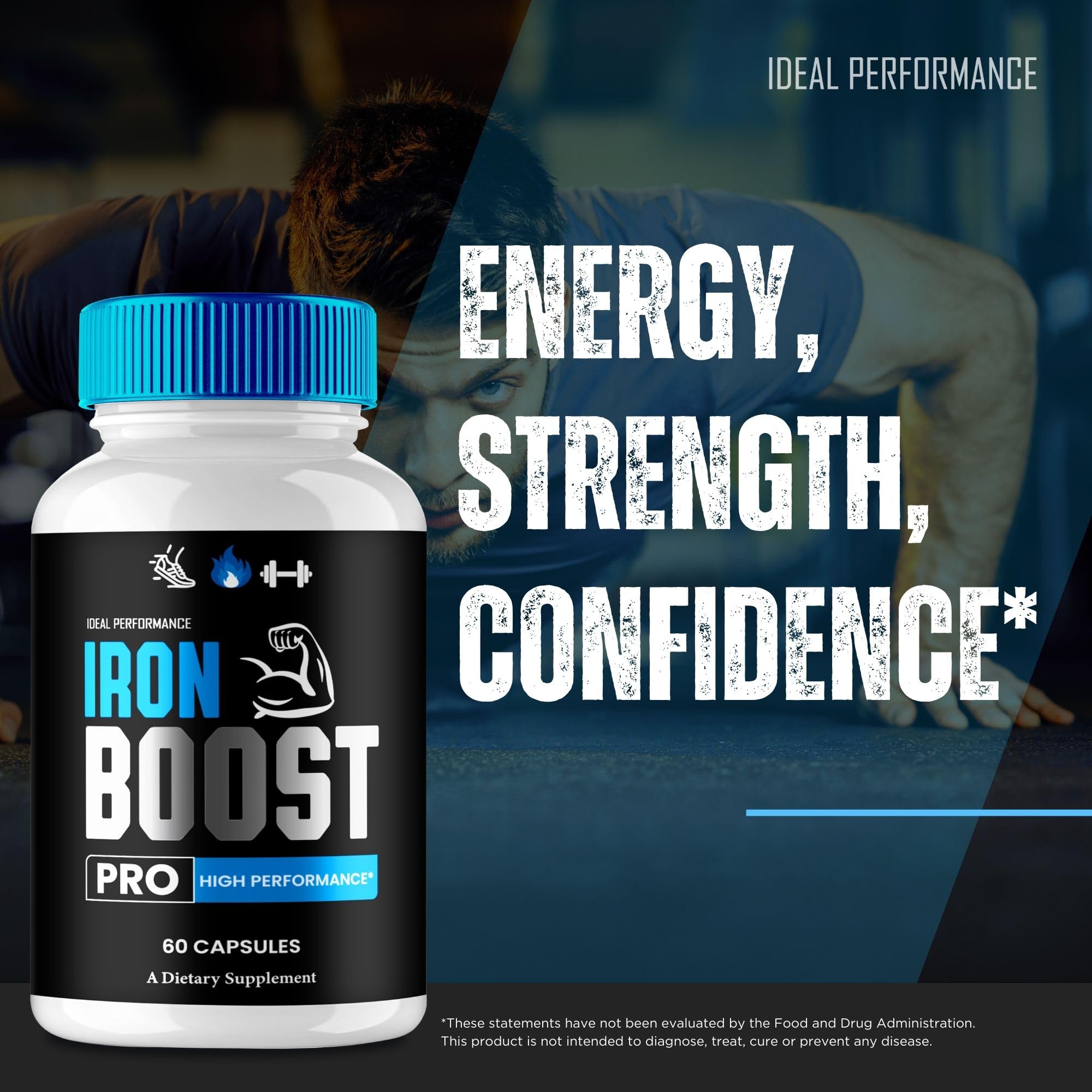 IDEAL PERFORMANCE IronBoostPro packaging, sturdy design reflecting quality iron supplementation.