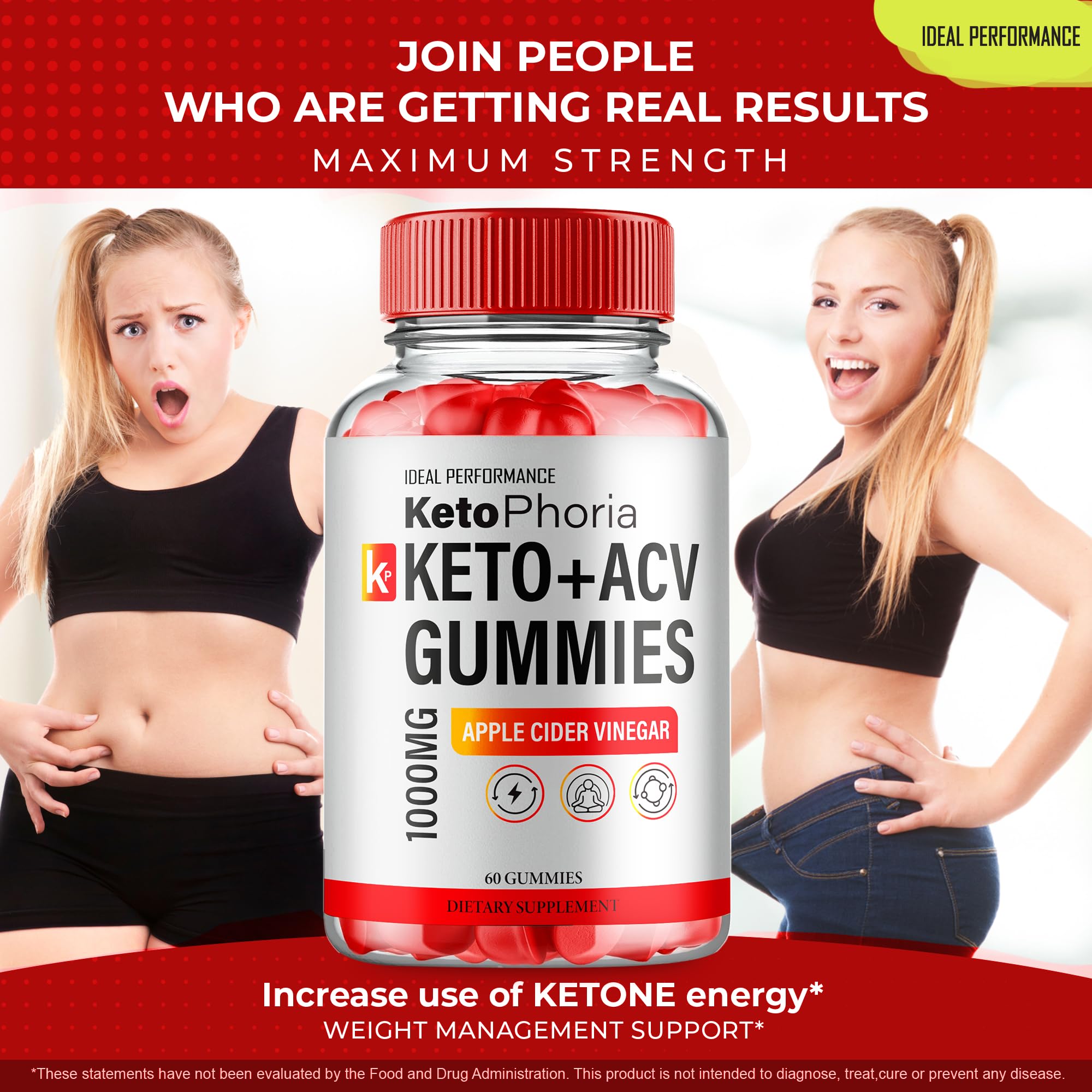 IDEAL PERFORMANCE KetoPhoria ACV Gummies fruit-flavored profile in artwork.