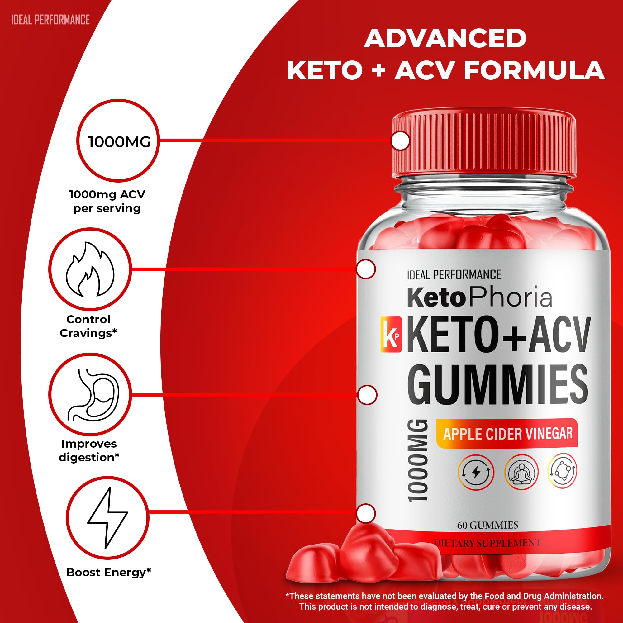IDEAL PERFORMANCE KetoPhoria ACV Gummies ingredients panel highlights natural sources.