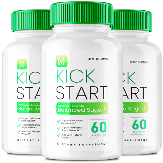 IDEAL PERFORMANCE Kick Start capsules bottle on countertop, supports daily sugar balance and circulation.