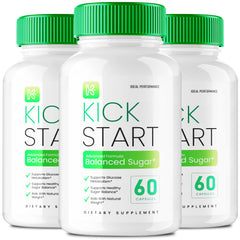 IDEAL PERFORMANCE Kick Start capsules bottle on countertop, supports daily sugar balance and circulation.