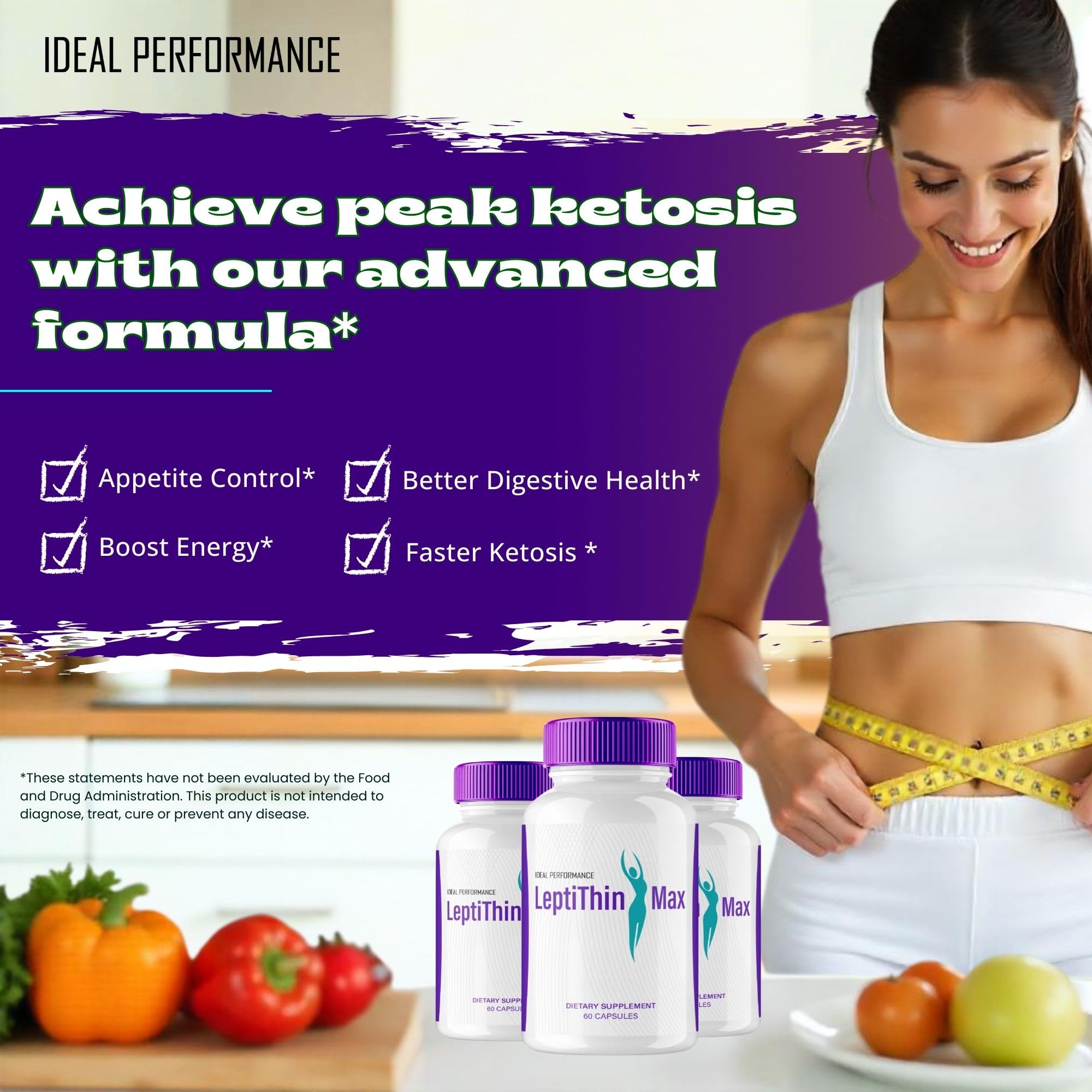 IDEAL PERFORMANCE Leptithin Max Keto Capsules ingredients closeup highlights natural blend.