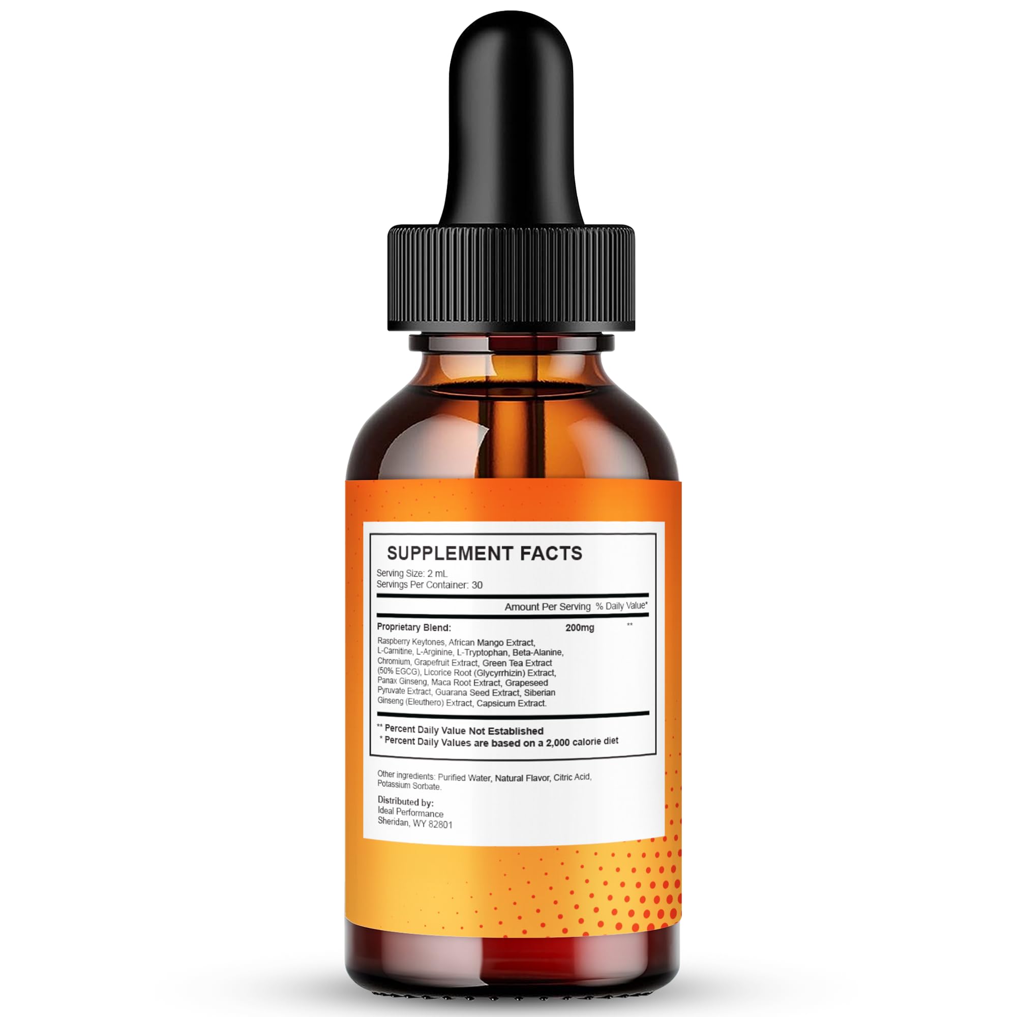 IDEAL PERFORMANCE LipoForme Drops bottle back with ingredients and usage guidance.