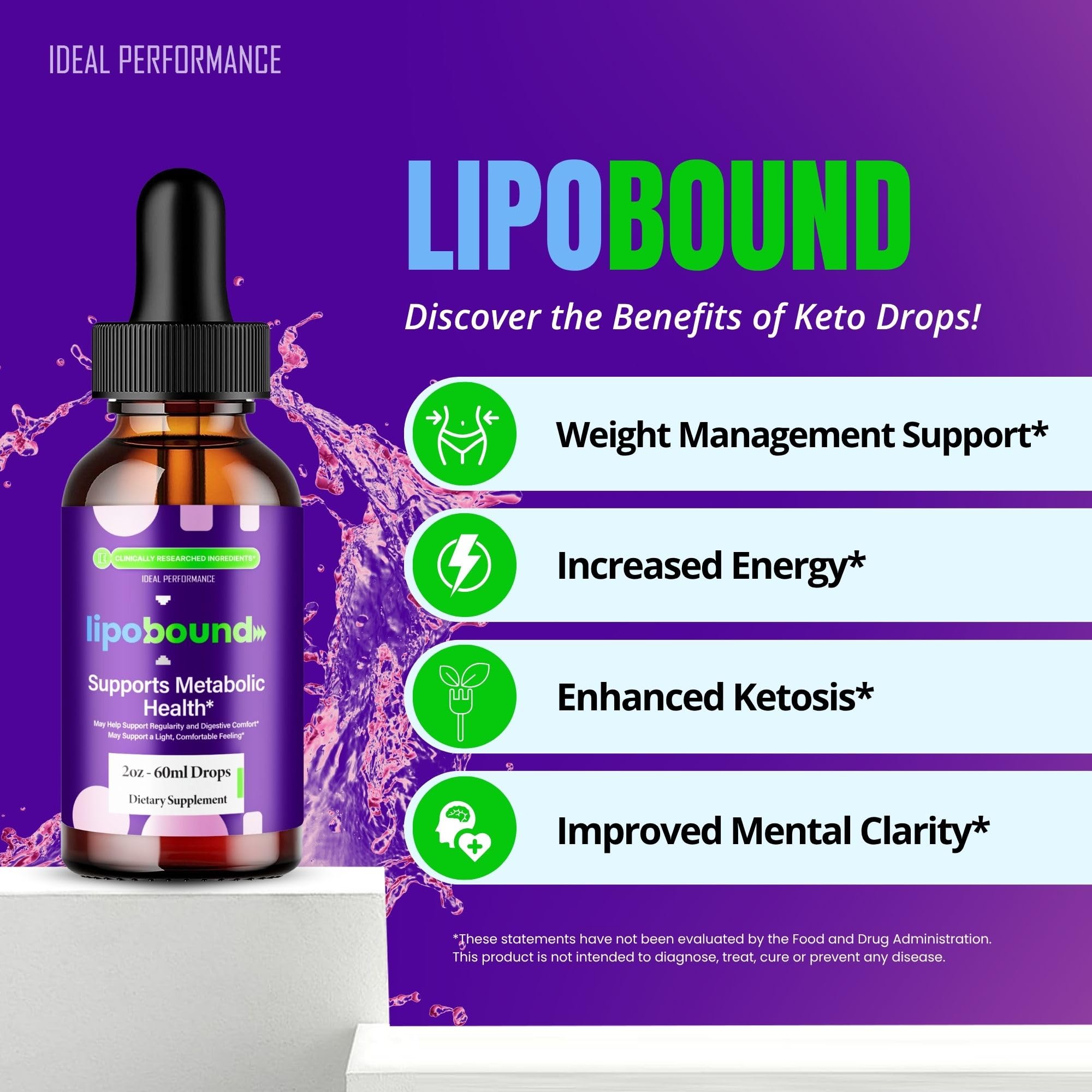 IDEAL PERFORMANCE Lipobound Drops packaging box signals premium keto liquid.