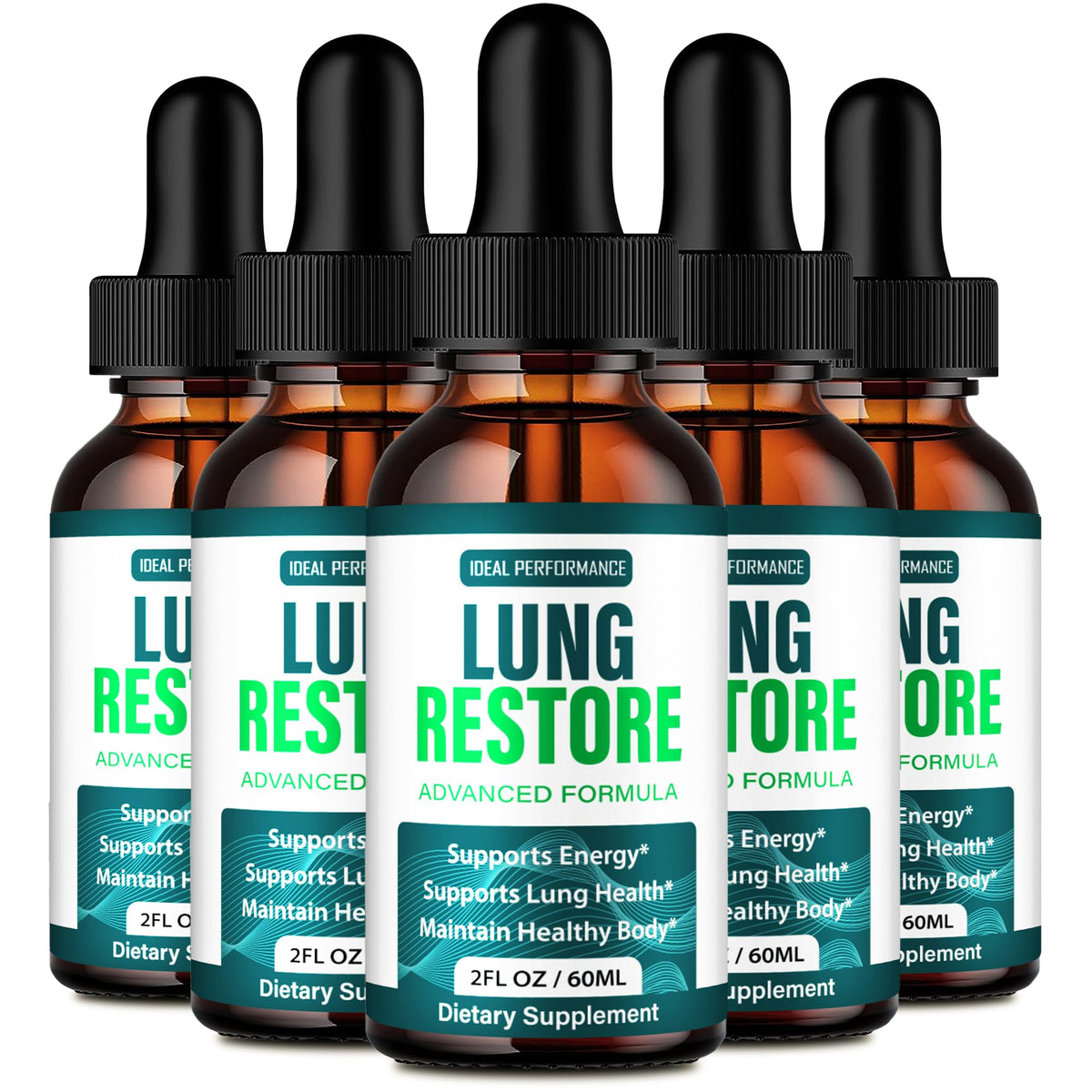 IDEAL PERFORMANCE Lung Restore Drops bottle on a clean surface for daily lung wellness.
