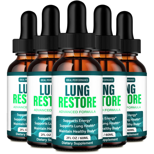 IDEAL PERFORMANCE Lung Restore Drops bottle on a clean surface for daily lung wellness.