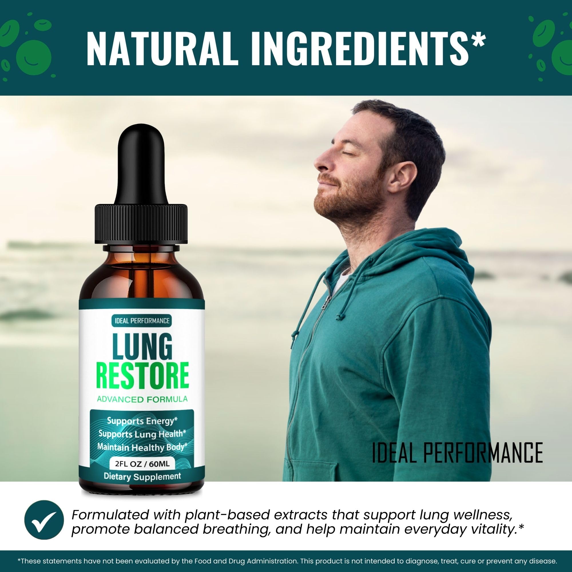 IDEAL PERFORMANCE Lung Restore Drops ingredient panel emphasizing natural ingredients.