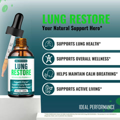 IDEAL PERFORMANCE Lung Restore Drops label close-up highlighting natural formulation.