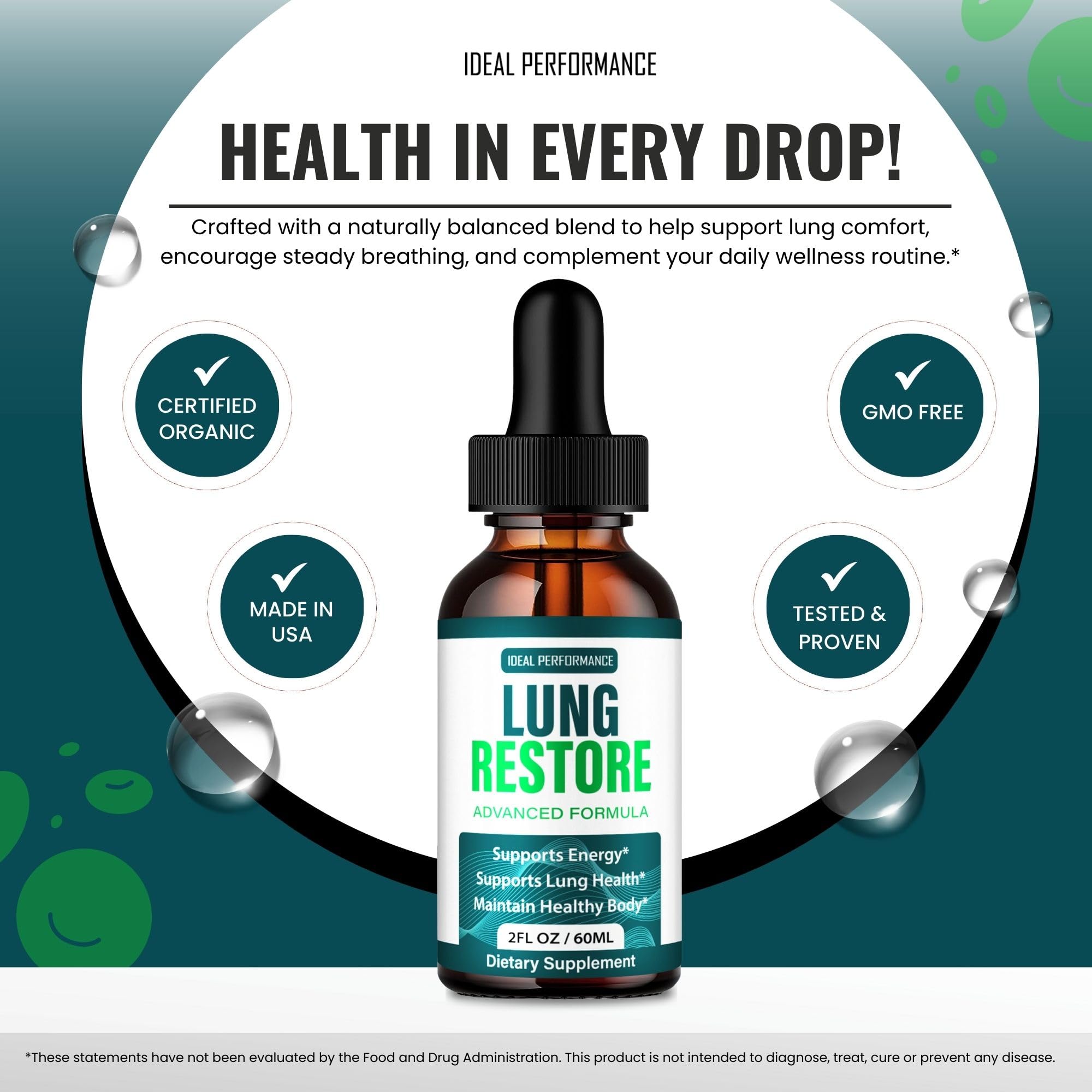 IDEAL PERFORMANCE Lung Restore Drops liquid close-up showing smooth texture for precise dosing.