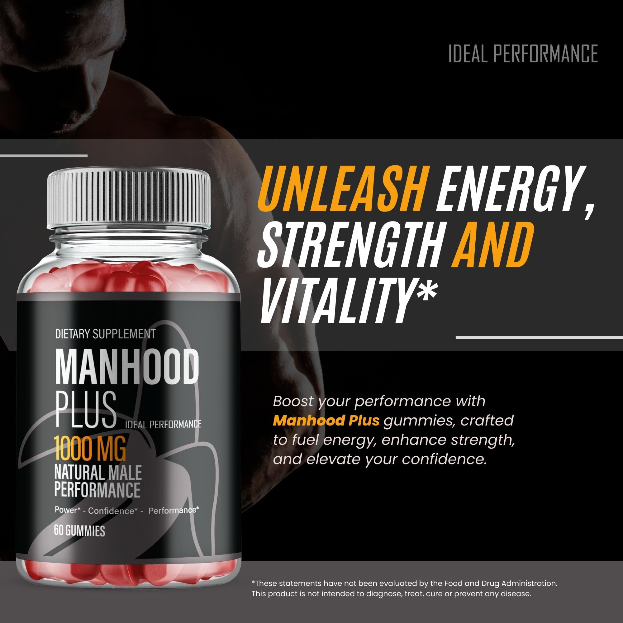 IDEAL PERFORMANCE Manhood Plus label detail highlights natural ingredients.