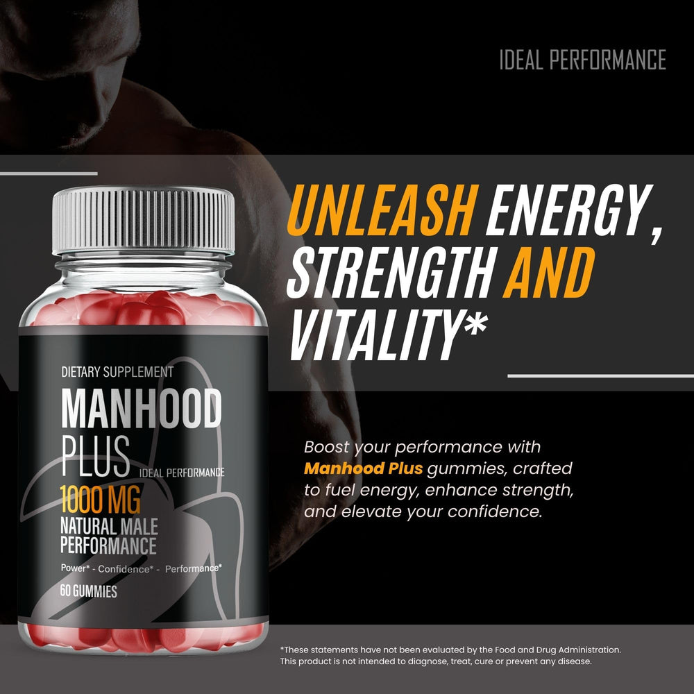 IDEAL PERFORMANCE Manhood Plus label detail highlights natural ingredients.