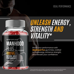 IDEAL PERFORMANCE Manhood Plus label detail highlights natural ingredients.