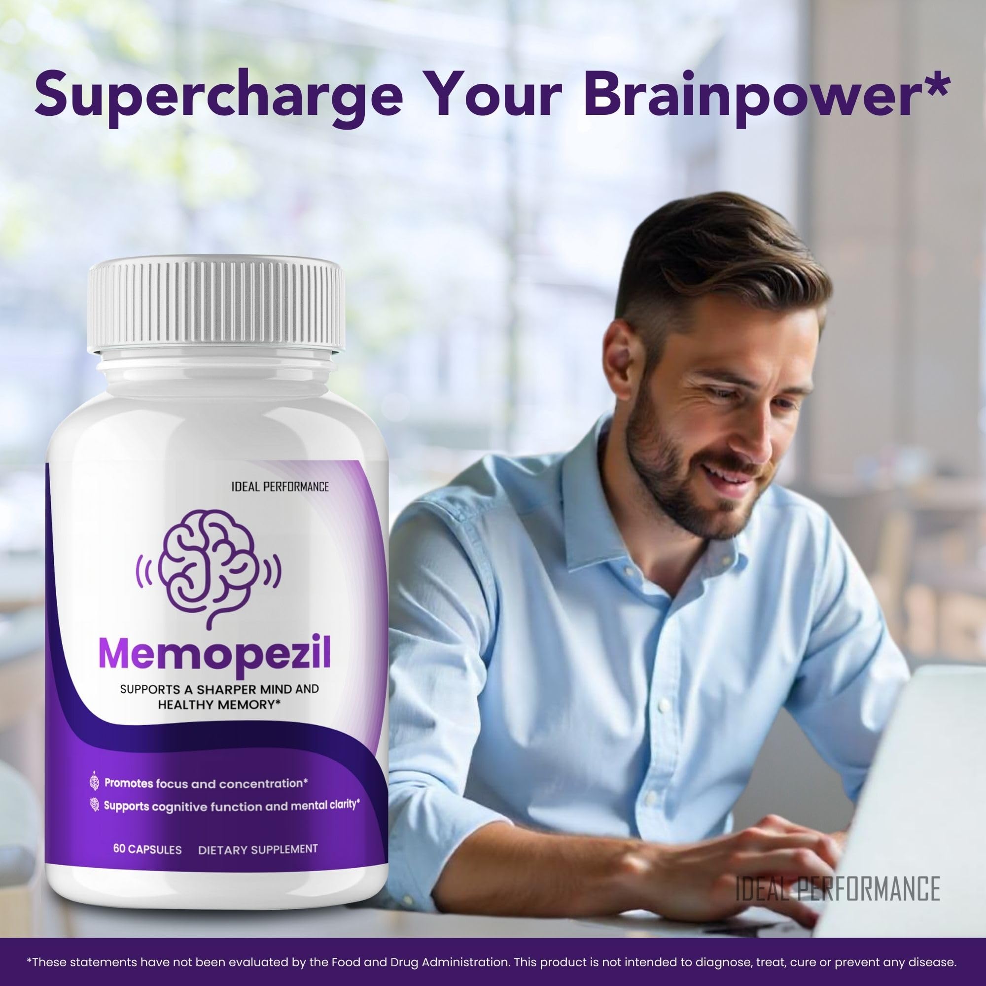 IDEAL PERFORMANCE Memopezil bottle with glass of water for routine dosing.