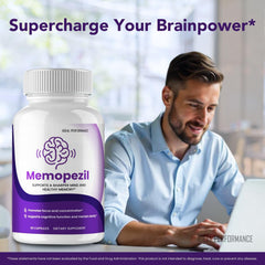IDEAL PERFORMANCE Memopezil bottle with glass of water for routine dosing.