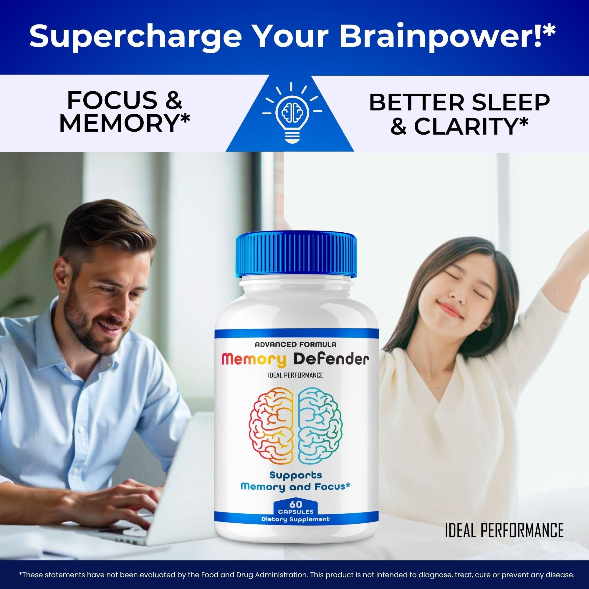 IDEAL PERFORMANCE Memory Defender capsules beside a notebook for study-focused daily routine.
