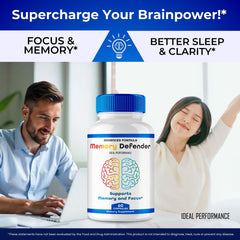 IDEAL PERFORMANCE Memory Defender capsules beside a notebook for study-focused daily routine.