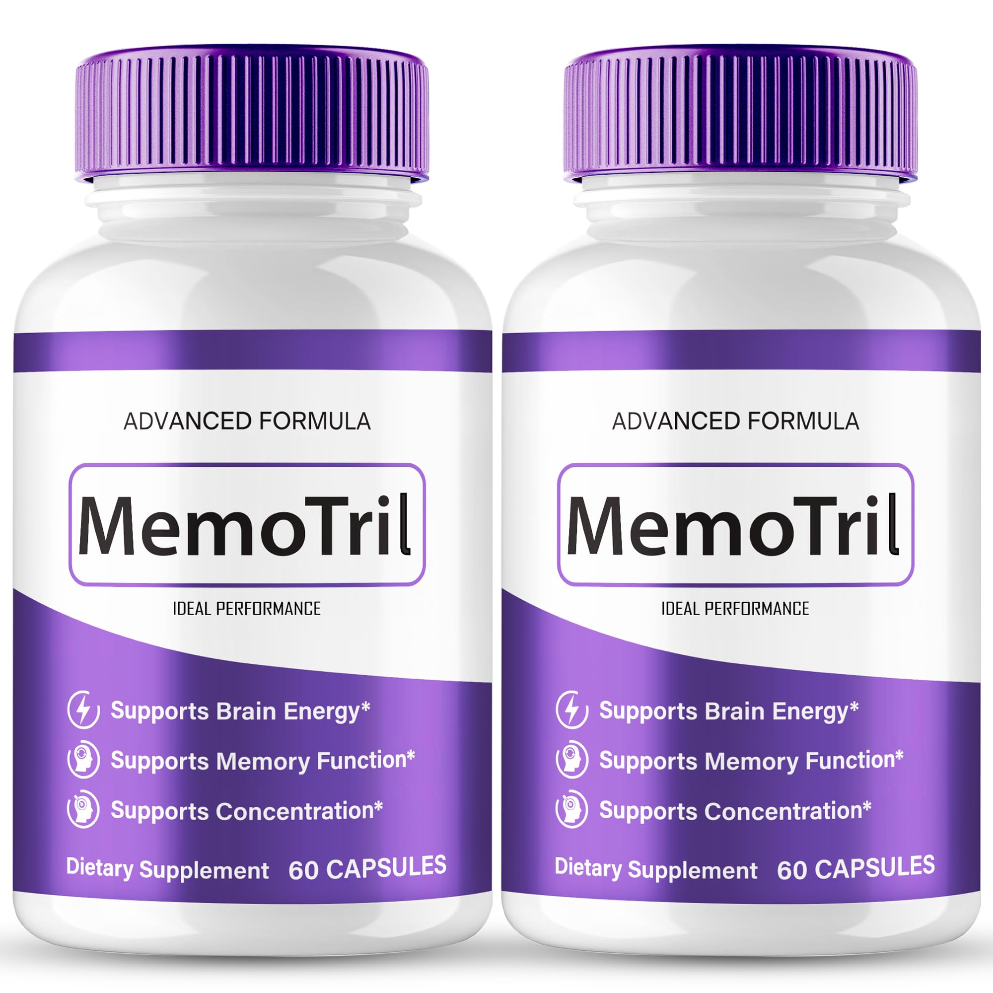 IDEAL PERFORMANCE MemoTril capsules bottle closeup for daily cognitive support.