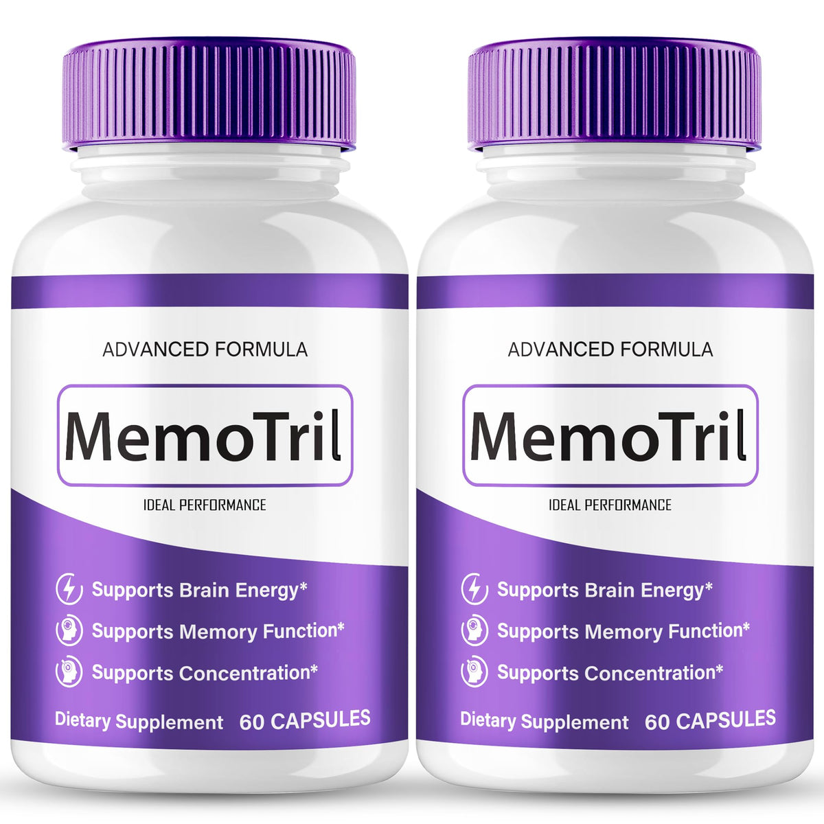 IDEAL PERFORMANCE MemoTril capsules bottle closeup for daily cognitive support.