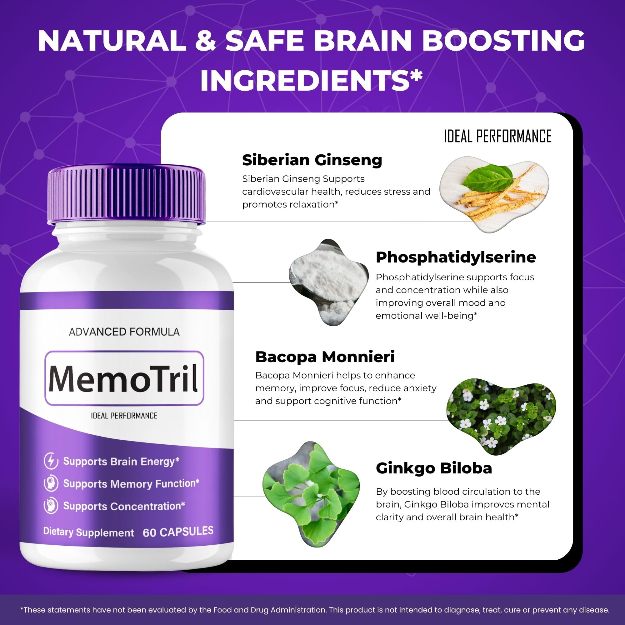 IDEAL PERFORMANCE MemoTril capsules on a desk with notebook.