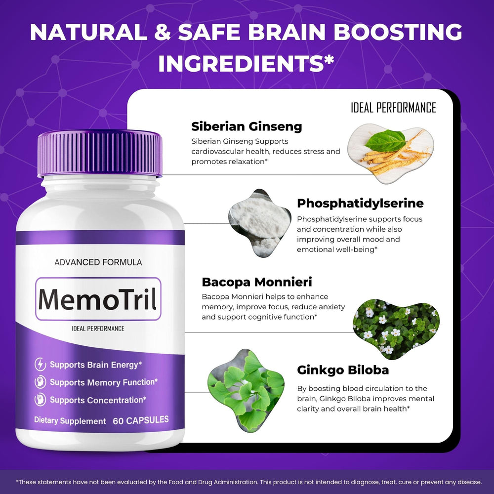 IDEAL PERFORMANCE MemoTril capsules on a desk with notebook.