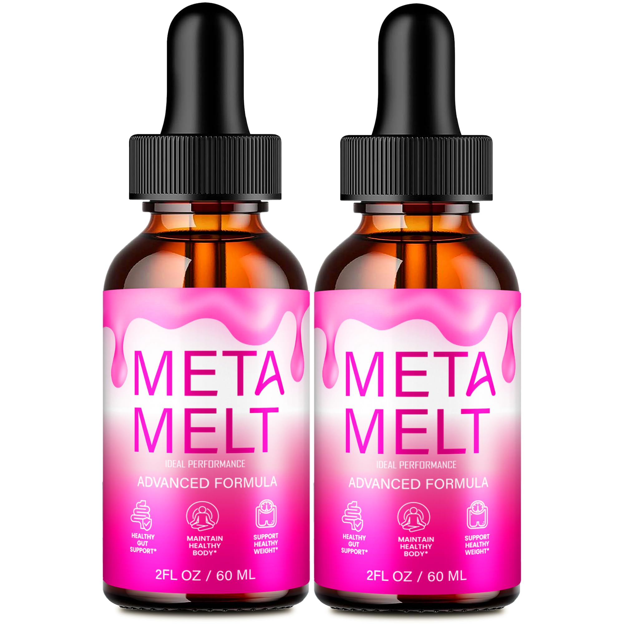IDEAL PERFORMANCE Meta Melt Drops bottle close-up showing keto liquid formula for active days.