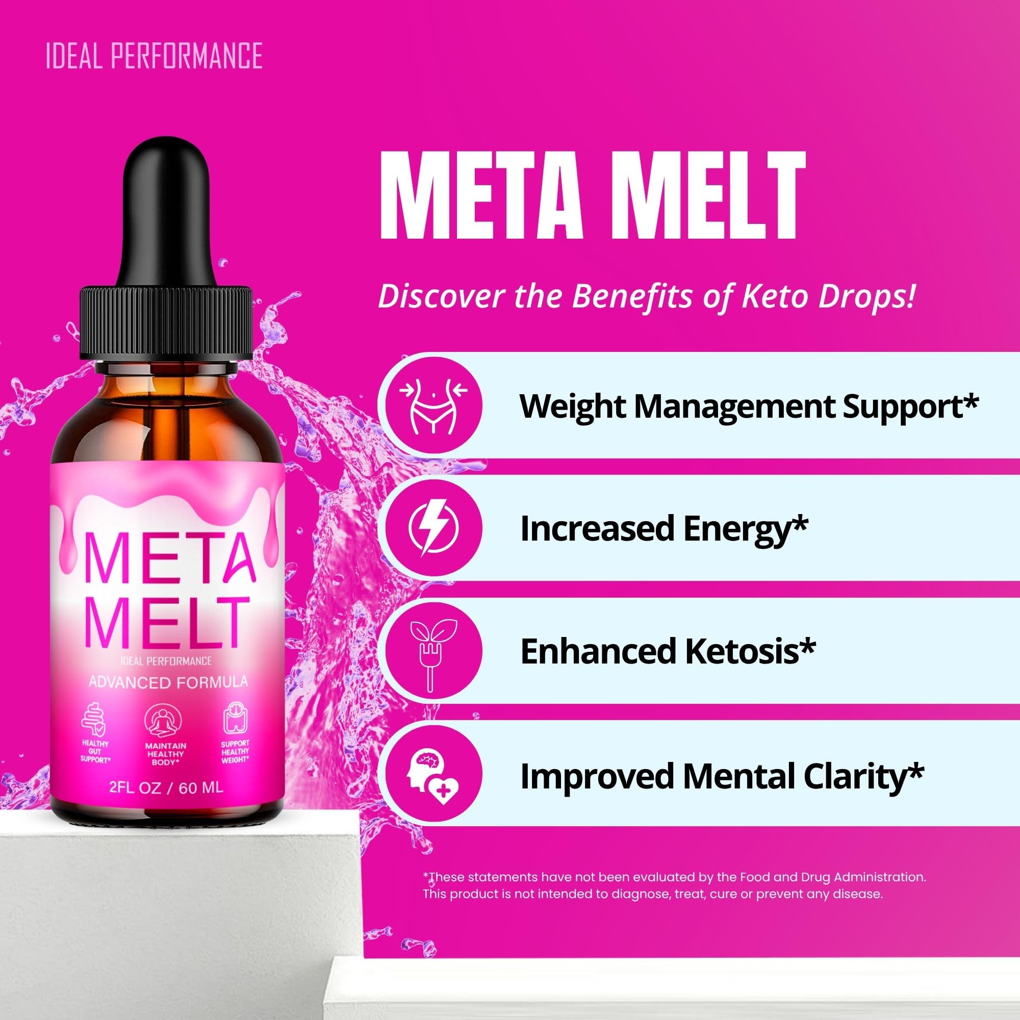 IDEAL PERFORMANCE Meta Melt Drops glass with liquid and label visible for transparency.