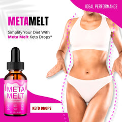 IDEAL PERFORMANCE Meta Melt Drops label highlighting natural ingredients and premium quality.