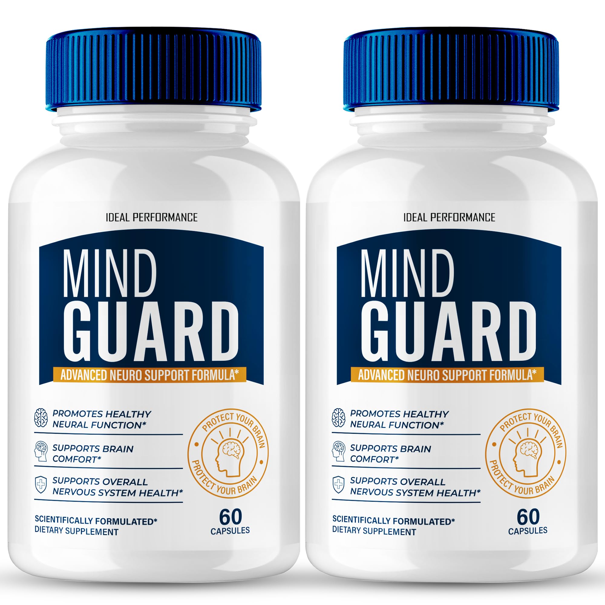 IDEAL PERFORMANCE Mind Guard capsules bottle front displays branding, suggesting cognitive support for daily tasks.