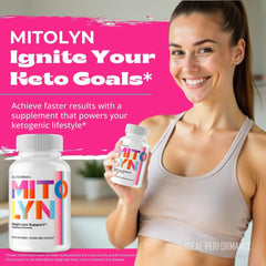 IDEAL PERFORMANCE Mitolyn capsules closeup highlights easy-to-swallow pills.