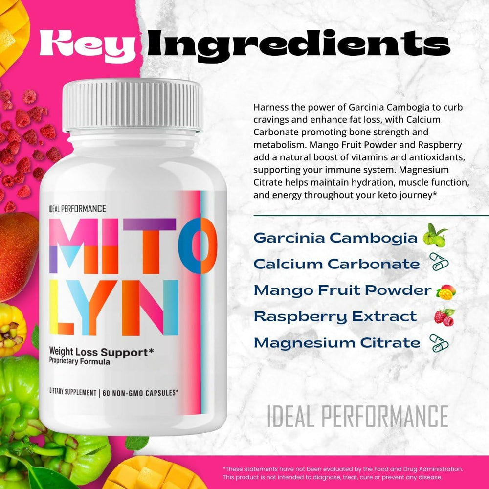 IDEAL PERFORMANCE Mitolyn dietary supplement label signals quality and safety.