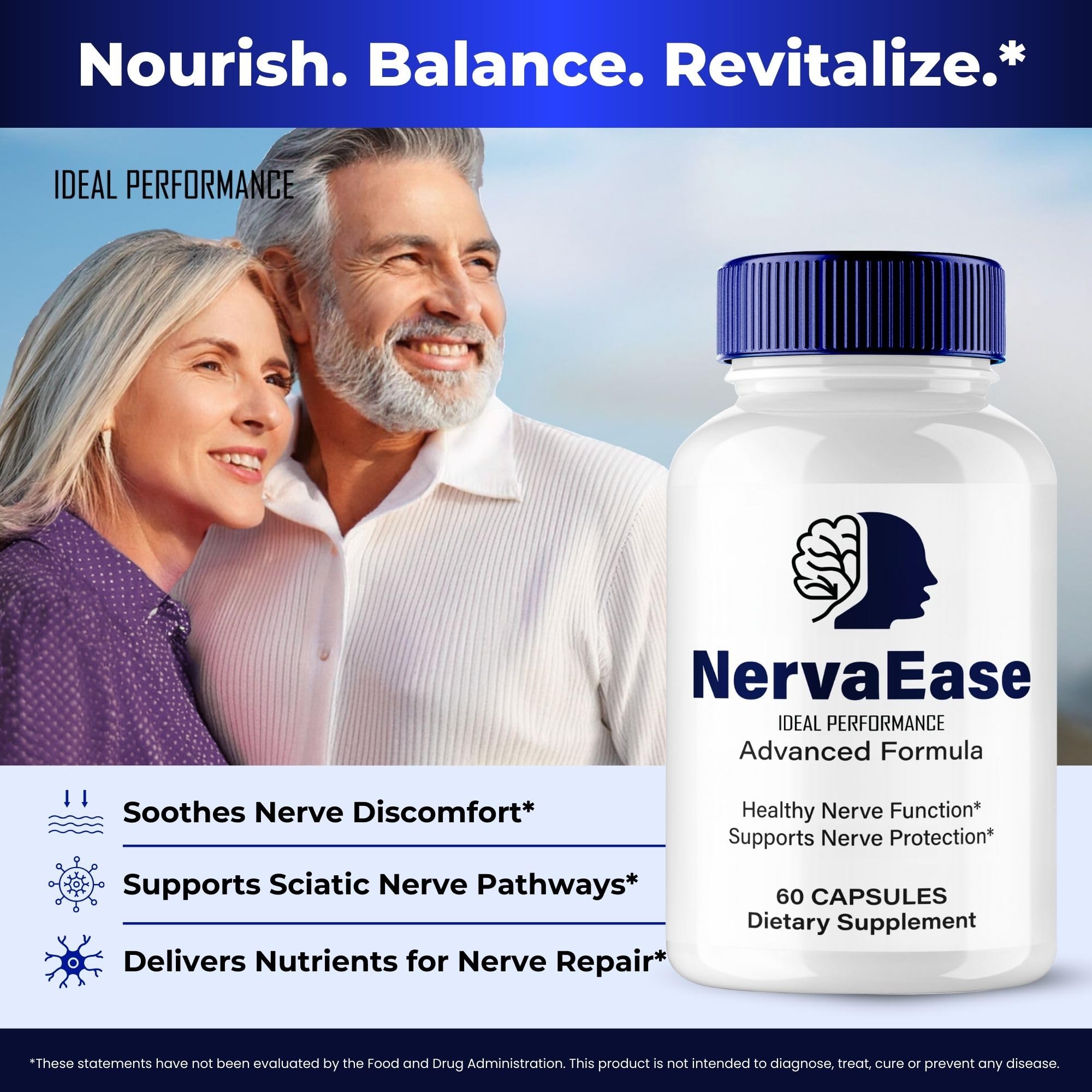 IDEAL PERFORMANCE NervaEase bottle with water suggests easy daily use.