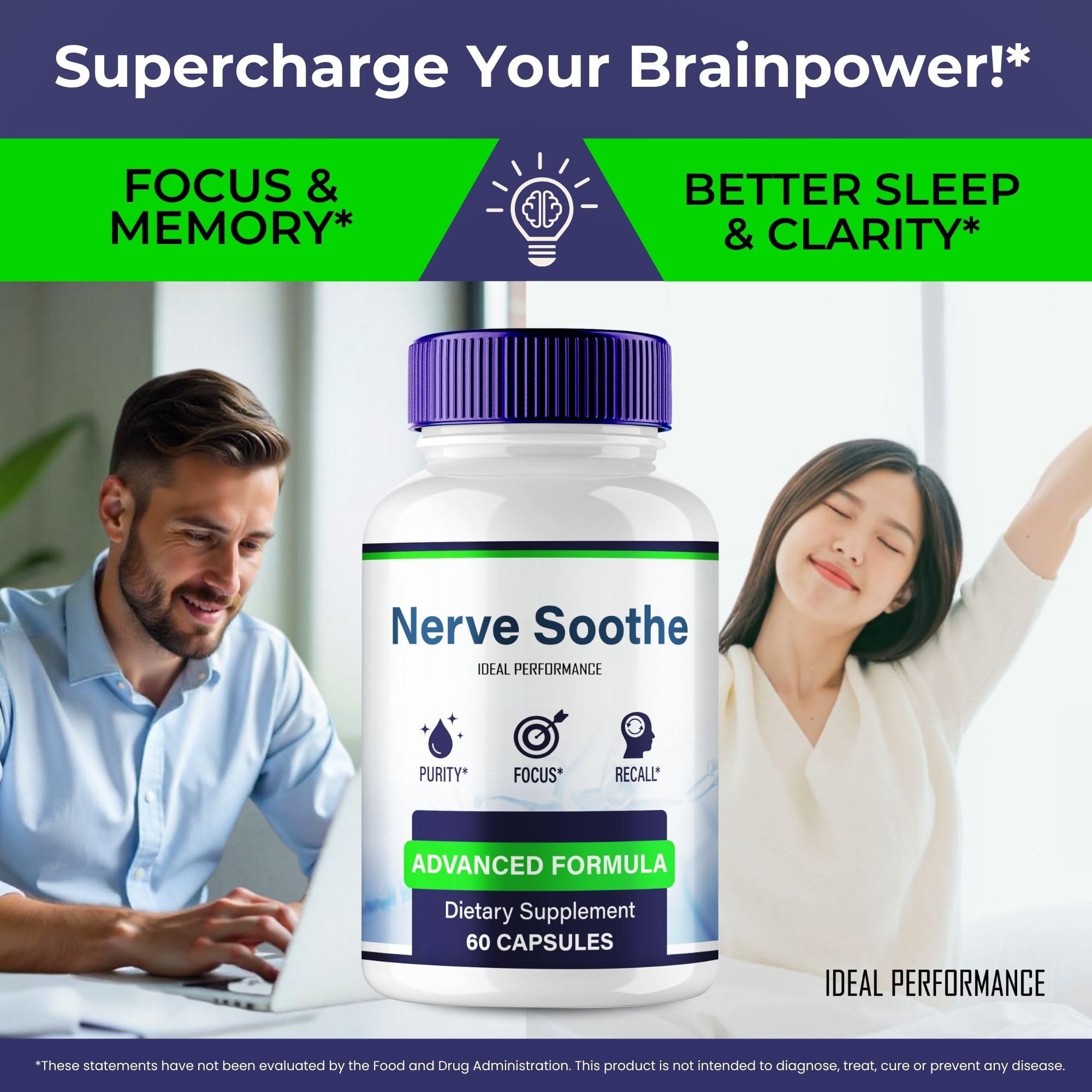 IDEAL PERFORMANCE Nerve Soothe Capsules dosage info on label for daily use.