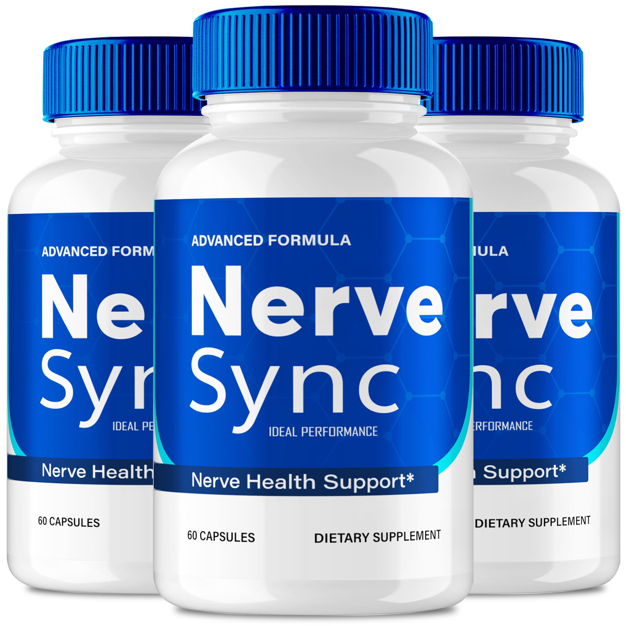 IDEAL PERFORMANCE Nerve Sync capsules bottle closeup showing all natural formula for nerve health support