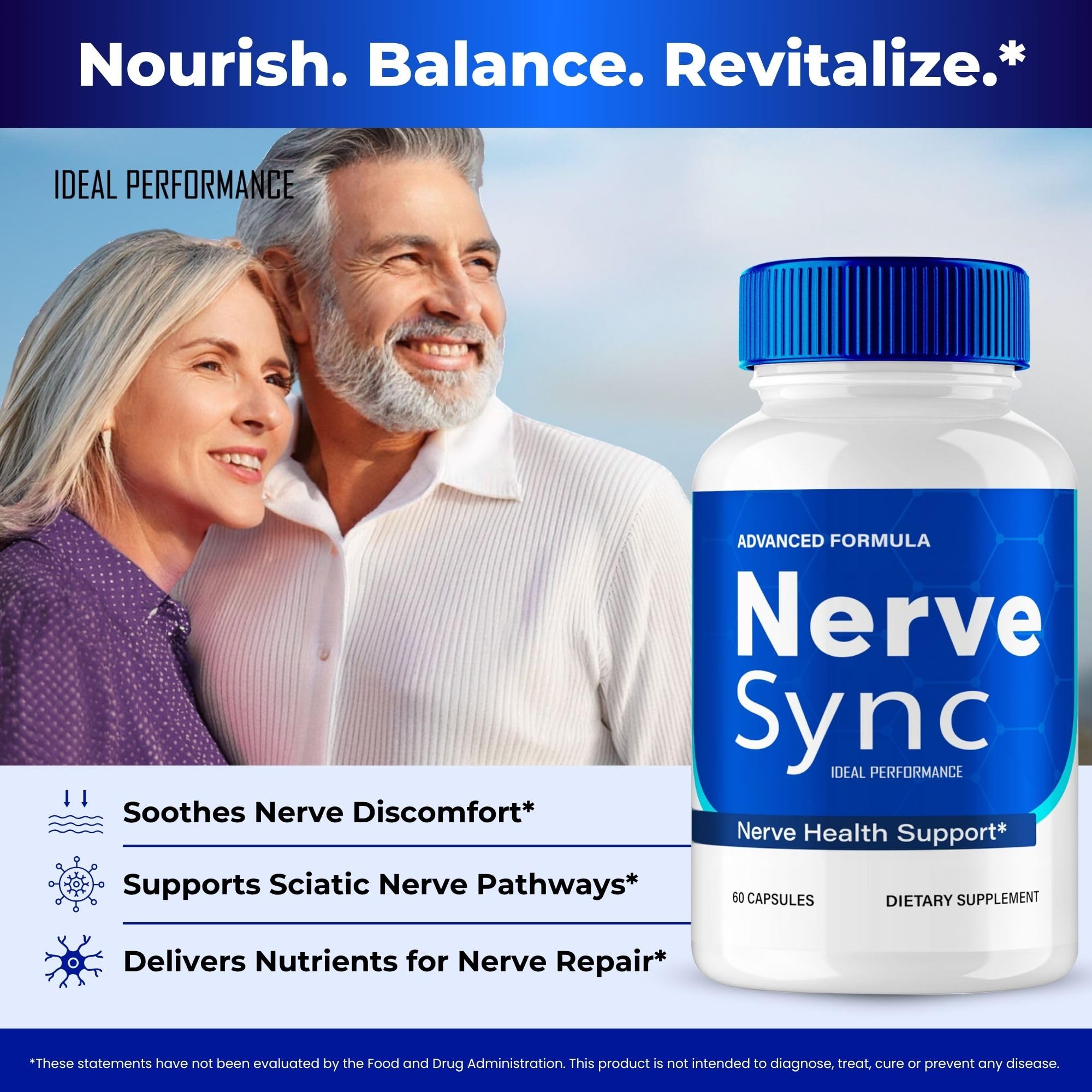 IDEAL PERFORMANCE Nerve Sync packaging details highlight clear dosage and natural formulation