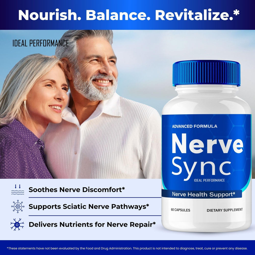 IDEAL PERFORMANCE Nerve Sync packaging details highlight clear dosage and natural formulation