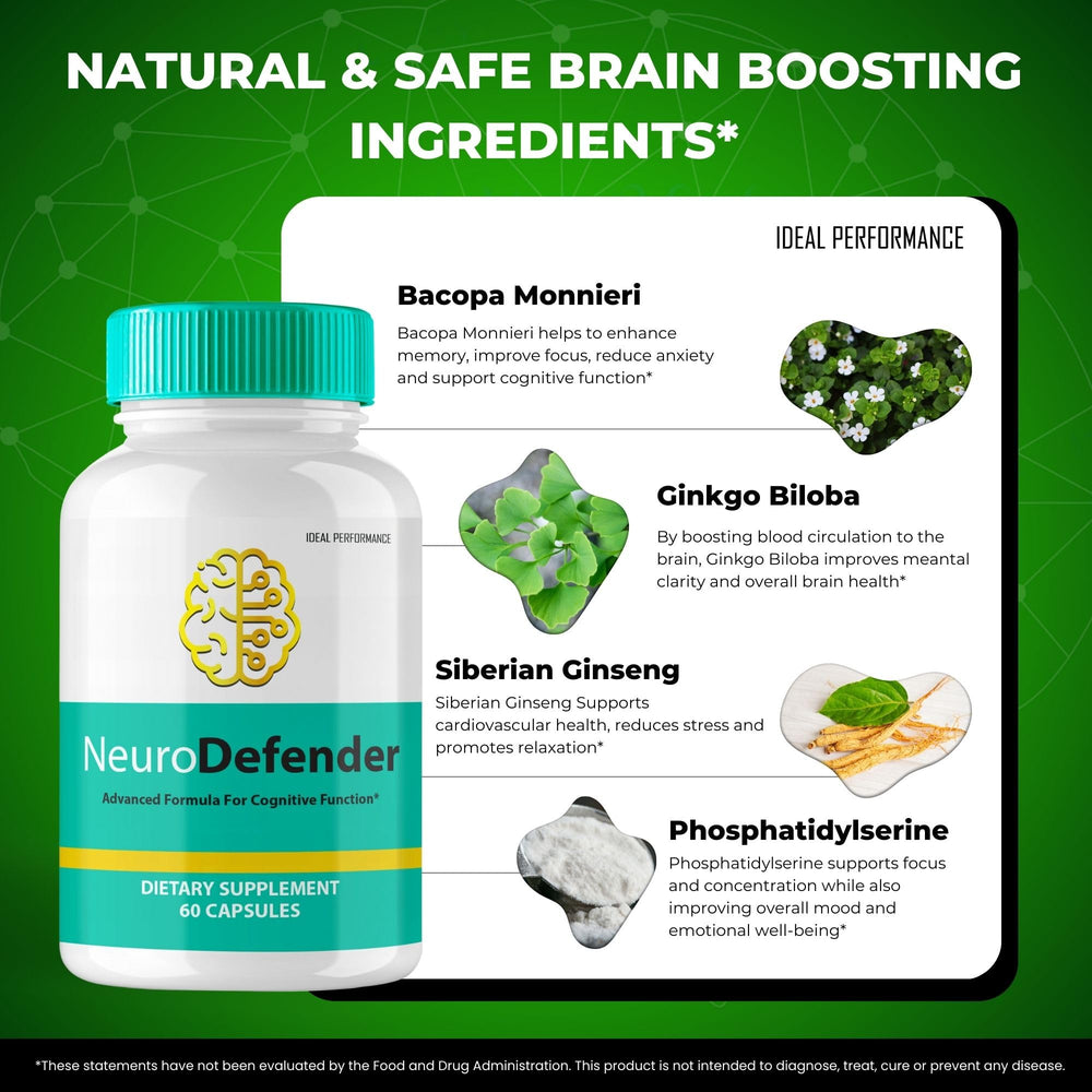 IDEAL PERFORMANCE Neuro Defender bottle close-up showcases the product and capsules
