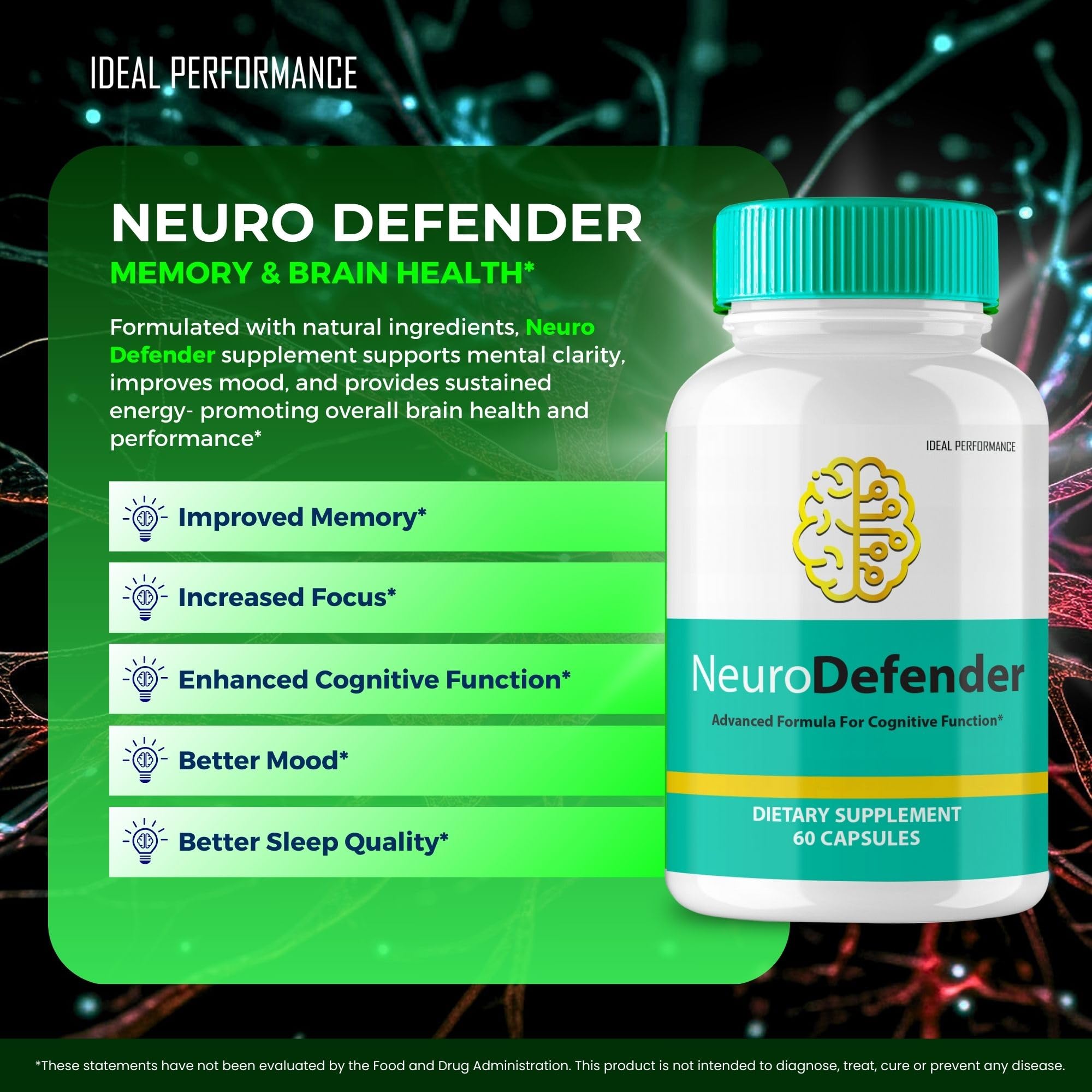 IDEAL PERFORMANCE Neuro Defender all natural ingredients highlighted on the label for brain health